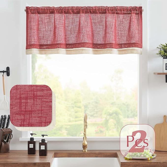jinchan Linen Farmhouse Valances for Living Room Windows 16 Inch Slubbed Crossed Double Layer Window Valances Light Filtering Rustic Country Overlay Rod Pocket 2 Panels Burgundy