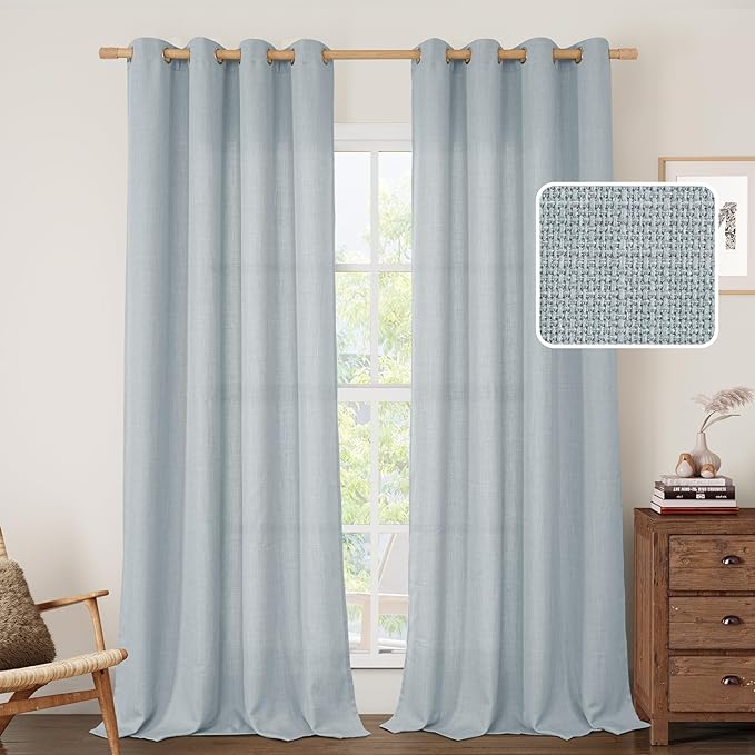 LAMIT Haze Blue Linen Curtains for Bedroom, 84 Inch Faux Linen Textured Light Filtering Privacy Drapes Grommet Window Panels for Farmhouse/Living Room, Set of 2 Panels, 52 x 84 Inch