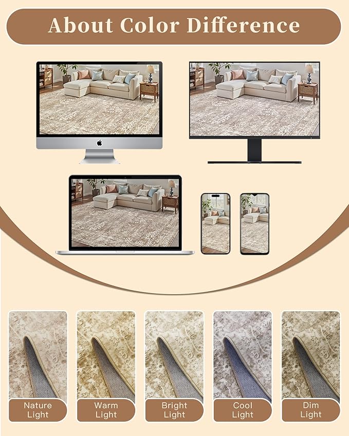 Madane Washable Area Rug 4x6, Low Pile Stain Resistant Vintage Area Rugs, Non Slip Accent Rug Floral Print Indoor Mat for Entryway Living Room Kitchen Bedroom, Beige/Brown