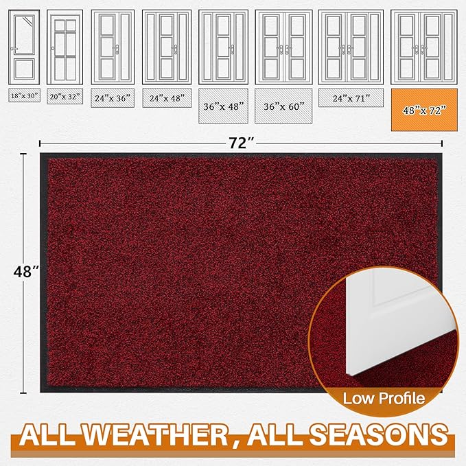 Mibao Front Door Mat, Dirt Trapper Welcome Mat for Outdoor Indoor, Non-Slip Waterproof Doormat, Durable Machine Washable Low Profile Entry Rug for Back Door Outside Patio Porch, 72" x 48", Red