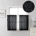 Lecloud Leia Black Valances Sheer Cafe Curtains 24 Inch Length 2 Pieces, Jacquard Textured Leaf Voile Kitchen Curtain Tiers with Dual Rod Pockets, Clip Farmhouse Bedroom Living Room Valance, 38W x 24L
