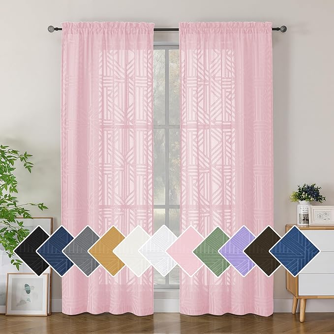 Simplebrand Blush Sheer Curtains 72 Inch Length 2 Panels for Living Room, Light Filtering Geometric Jacquard Clip Textured Rod Pocket Semi Sheer Curtains for Front Back Patio Glass Door，42x72 inch