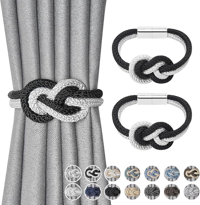 NICEEC 2 Pack Mini Magnetic Curtain Tiebacks Nordic Simple Style Drape Tie Backs Elegant Hand Weave Rope Knot Decorative Curtain Holdbacks for Home & Office Thin Window Drapery (Black & White)