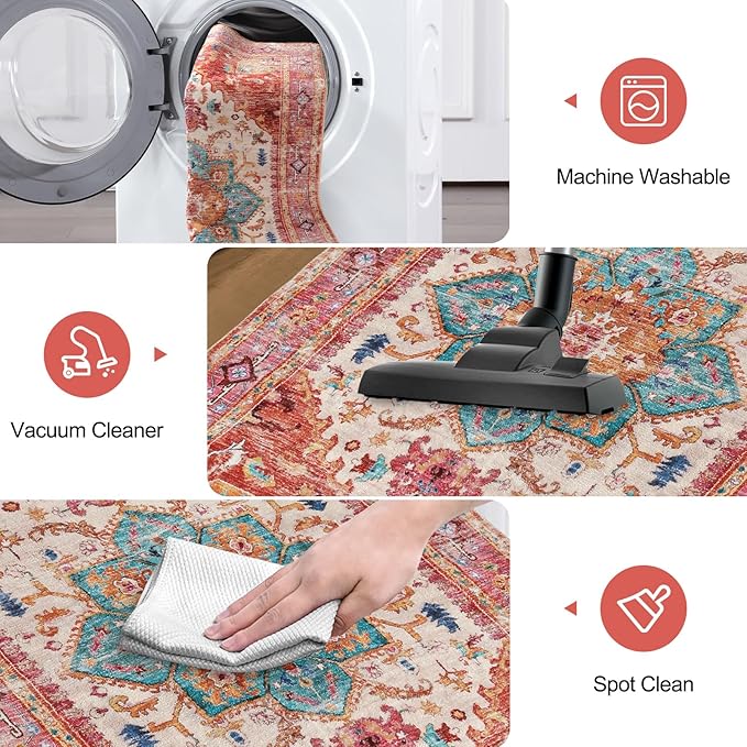 Yamaziot Washable Area Rug, 4x6 Non-Slip Boho Vintage Living Room Bedroom Rug with Rubber Backing, Low Pile Faux Wool Soft Distressed Rug Floor Carpet for Living Room, Laundry, Kids Playroom (Pink)