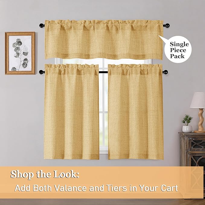 OWENIE Gold Valances for Windows 1 Pcs, Light Filtering Textured Farmhouse Short Small Valance Curtains for Bathroom Basement Living Room Bedroom, Rod Pocket Half Curtains Over Sink, 52Wx14L Inch