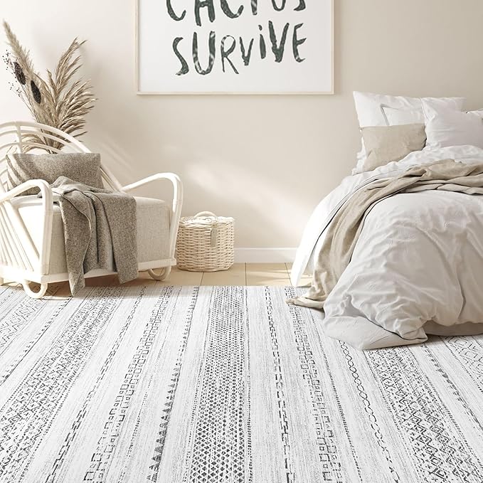 Nakagishi 7x9 Area Rug Living Room: Washable Boho Large Neutral Modern Soft Farmhouse Rugs Stain Resistant Indoor Floor Non-Slip Carpet for Bedroom Nursery Kids Playroom Office Dining Room- Gray