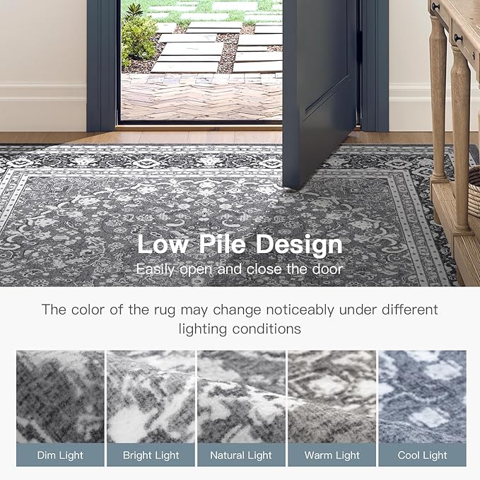 Lofus 8x10 Area Rugs for Living Room, Machine Washable Non-Slip Area Rug, Low Pile Large Rugs for Bedroom, Kitchen, Dining Room, Home Office, Vintage Oriental Print Rug, Light Grey with White