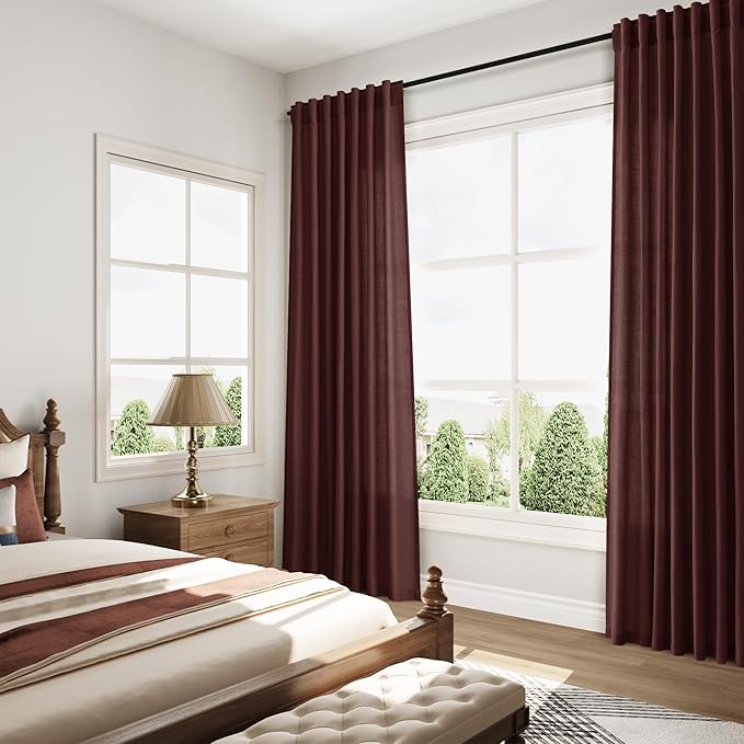 Nanspring Reddish Brown Linen Blend Light Filtering Back Tab Curtains 102 Inches Long, Semi Sheer Privacy Drapes for Living Room & Bedroom, 52x102 inch, 2 Panels