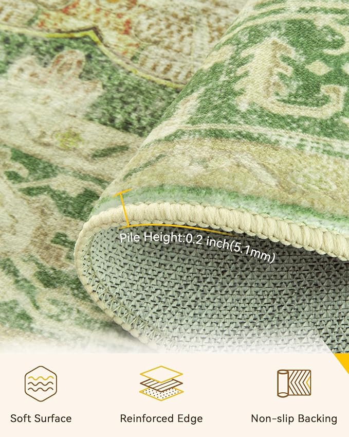 Area Rugs 6ft Washable Non-Slip, Floral Vintage Distress Print Pattern Medallion Carpet for Living Room Bedroom Dining Room, Sage Green Yellow