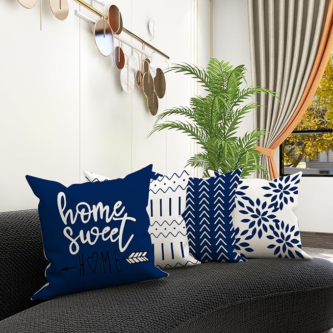 YCOLL Pillow Covers 12x20 Set of 4, Modern Sofa Throw Pillow Cover, Decorative Outdoor Linen Fabric Pillow Case for Chair Sofa Couch Bed Car, Dark Blue