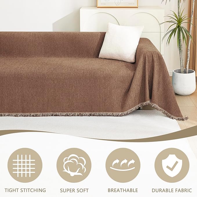MYSKY HOME Loveseat Cover Camel Couch Cover Sectional Couch Covers for 2 Cushion Couch Sofa Thick Universal Chenille Sofa Cover with Tassel Durable Furniture Protector for Dogs 91" x 118"
