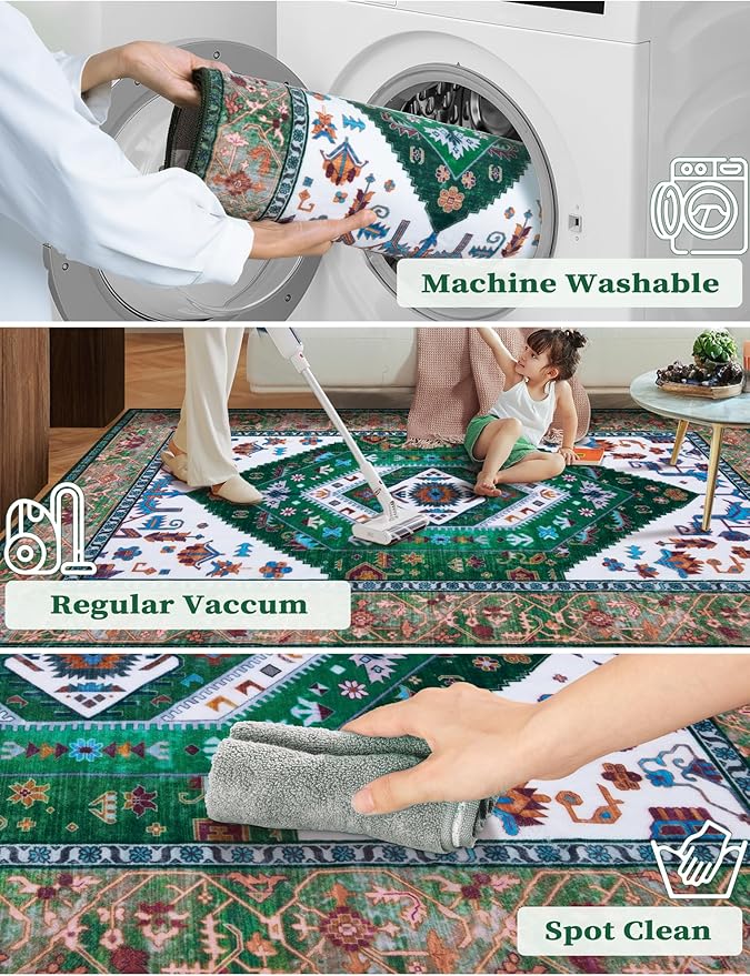 SERISSA Boho Washable Runner Rug, 2x6 Rug Runner Non-Slip Vintage Green White Hallway Kitchen Runner Rug Ultra Soft Print Distressed Floor Carpet Runner for Bedroom Bathroom Laundry Living Room