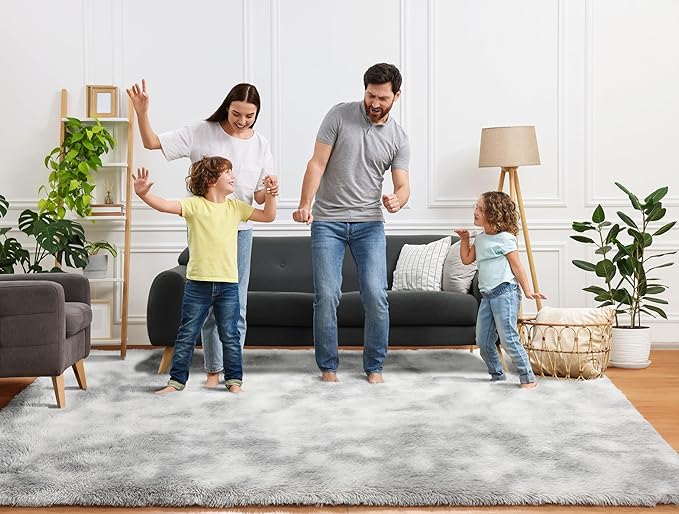 ONASAR 8x10 Area Rugs for Living Room, Tie-Dyed Light Grey Large Fluffy Shag Bedroom Rug, Soft Plush Thick Shaggy Big Floor Carpet for Kids Boy and Girls Teen Dorm Nursery Indoor Home Decor