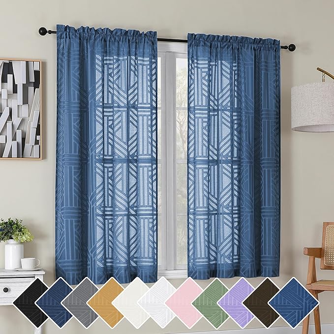 Simplebrand Dusty Blue Semi Sheer Curtains 45 Inch Length 2 Panels, Geometric Jacquard Clip Textured Short Sheer Curtains for Bedroom，Modern Elegant Window Curtains Drapes/Treatment Sheer，42x45 inch