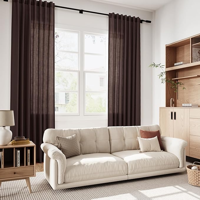Coffee Brown Linen Curtains 84 Inch Length 2 Panels for Living Room Rod Pocket Back Tab Light Filtering Window Drapes for Bedroom Office Protect Privacy Modern Farmhouse Decor 52x84