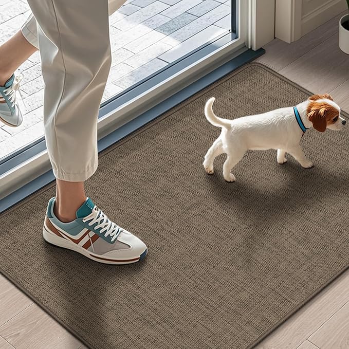 LEKEEPGO Ultra Thin Indoor Door Mat 17"x29", Low-Profile Door Mat Indoor Entrance, Non Slip Rubber Backing Inside Doormat Washable Welcome Front Entryway Dirt Trapper Entry Mat, Brown