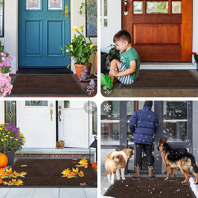 Smiry Front Door Mat Outside Entrance, Heavy Duty Sturdy Natural Rubber Doormat, Trap Dirt and Moisture, Easy Clean Low Profile Mats for Indoor Outdoor Entry, Irregular Triangle (59x30, Dark Brown)