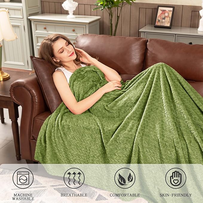 inhand Sage Green Fleece Twin Blanket, Super Soft Flannel Cozy Blankets for Adults, Lightweight Leaves Pattern Fuzzy Blanket for Couch Bed Office, Warm Plush Blankets for All Season, 60x90 Inches