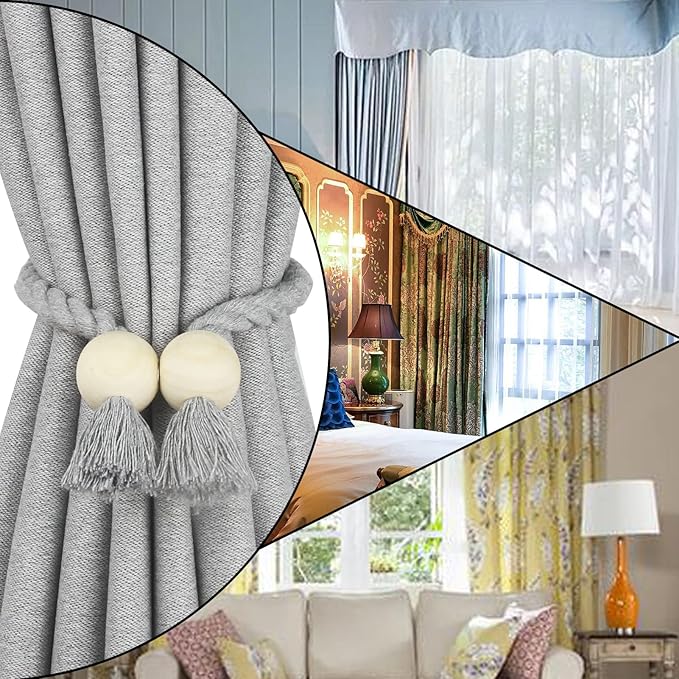 4 Pack Magnetic Curtain Tiebacks Cotton Hand Woven Tie Back Decorative Rope Holdbacks for Curtains Draperies No Tools Required, Grey