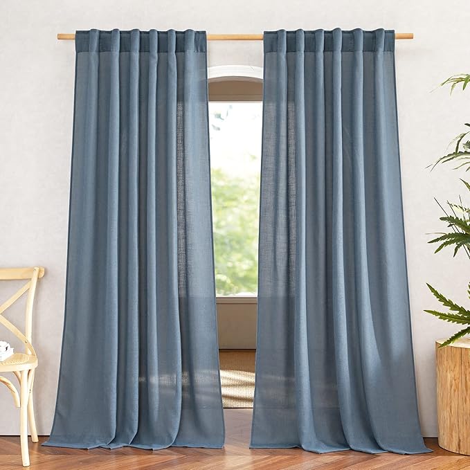 NICETOWN Linen Blend Stone Blue Curtains for Living Room, Rod Pocket & Back Tab Flax Burlap Drapes Semi Sheer Privacy with Light Filtering Window Treatments for Bedroom, W52 x L95, 2 Panels