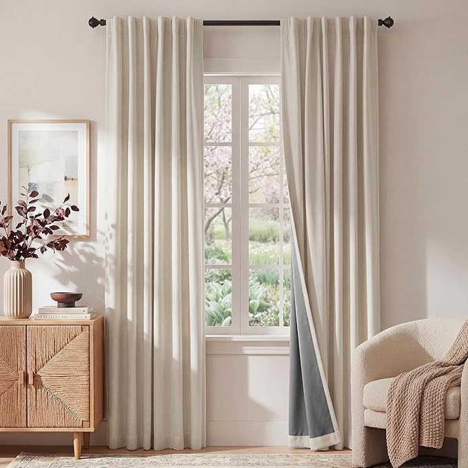 RYB HOME 100% Blackout Linen Textured Curtains 96 inches Long, Thermal Insulating Privacy Energy Saving for Bedroom Living Room Window Office Theater Dining Nursery, W 52 x L 96 in, Linen, 2 Panels