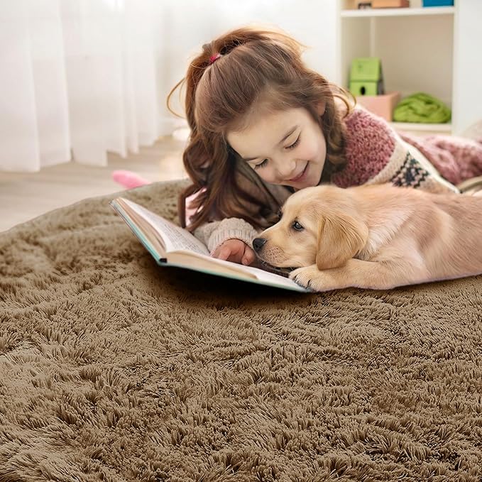 OLANLY Taupe Round Rugs for Bedroom - Machine Washable, 8 ft Circle Area Rugs for Living Room, Soft and Fluffy Shaggy Carpet for Teen Girl and Boys, Nursery Rooms, Dorms, Home Decor Aesthetic