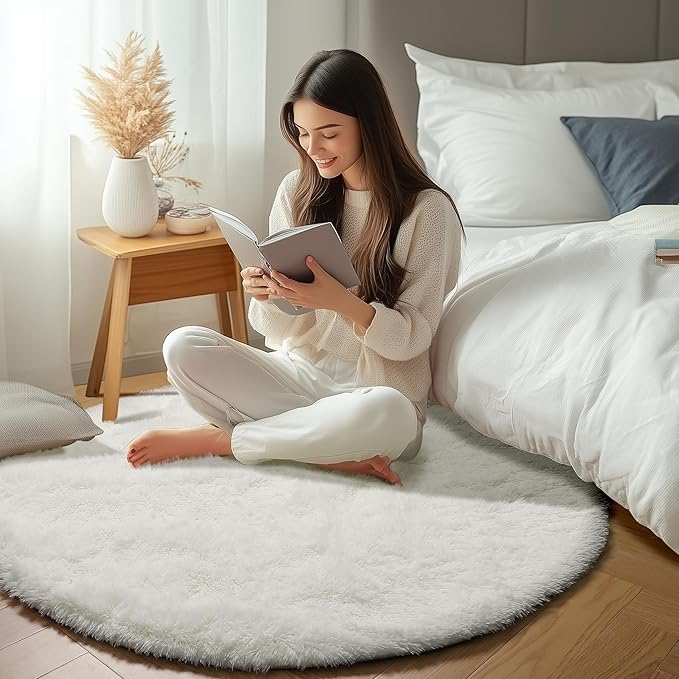 ONASAR Cream White Round Area Rugs 6ft, Fluffy Soft Bedroom Circle Rug Floor Mat for Kids Girls Boys Teen Room, Fuzzy Plush Shaggy Carpet for Baby Nursery Living Room Playroom Dorm Home Decor