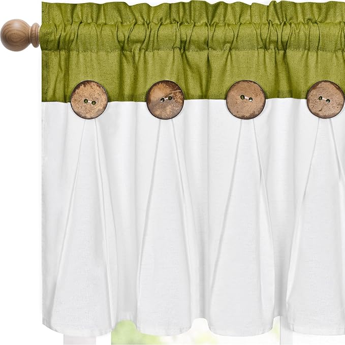 FRAMICS Farmhouse Valance Curtains, Boho Cotton Linen Kitchen Valance, Rustic Button Window Valances for Kitchen Bathroom, Rod Pocket Valances for Windows, Fresh Green and White, 52 x 18 Inch