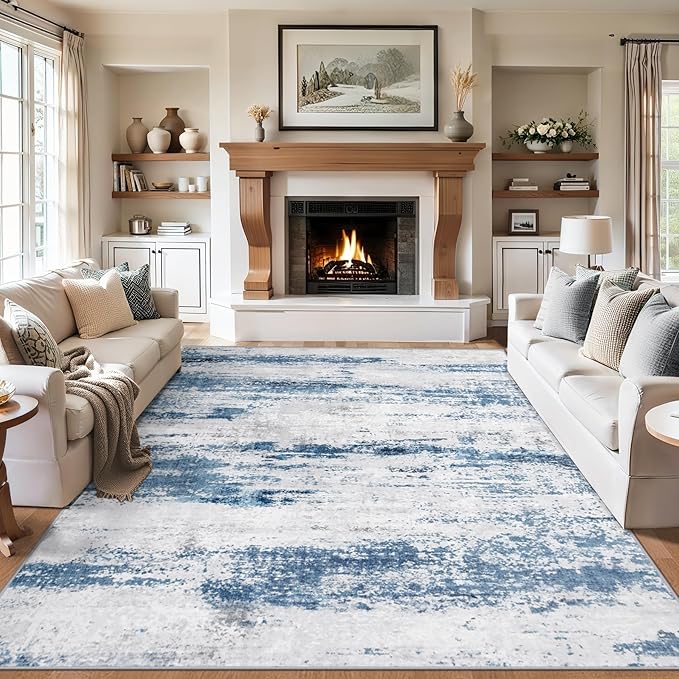 Area Rugs Living Room Rug - 5x7 Washable Modern Abstract Soft Neutral Non-Slip Carpet Large Indoor Floor Thin Carpets for Bedroom Dining Room Farmhouse Nursery Home Office White Blue Grey