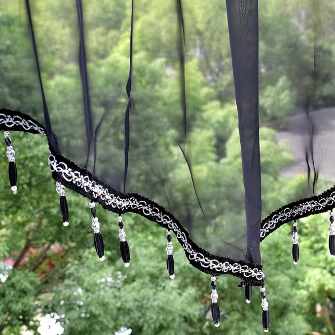 Molaxhome Swag Curtain 51 inch Length Rod Pocket Scalloped Curtain Valance Sheer Lace Panels with Hanging Crystal Beads for Kitchen Bedroom Window Treatments Drape Decor 1pc (Black, 51Wx23L)