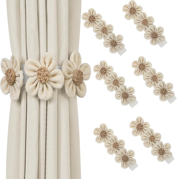 KLOGTSIND Flower Curtain Tiebacks, 6 Pack Boho Curtain Ties Elegant Three Flower Curtain Holdbacks, Decorative Window Treatment Tie Backs for Cute Bedroom Decor, Girl Nursery Decor, Farmhouse Decor