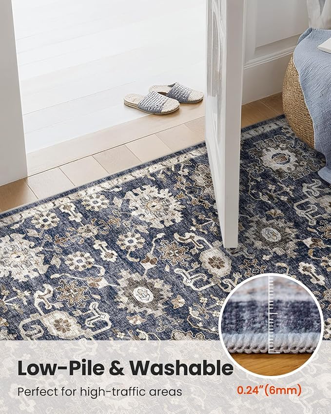AMADA HOMEFURNISHING 2x6 Washable Runner Rug, Low-Profile Kitchen Rugs with Non-Slip Backing & Durable Edge Binding, Vintage Entryway Runner Rug for Bedroom & Hallway