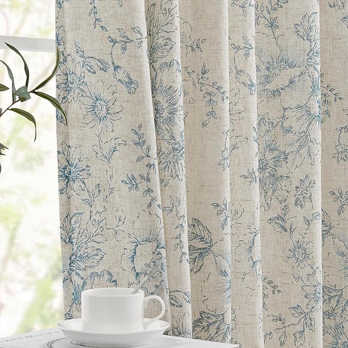 jinchan Linen Blend Curtain Floral Curtains for Living Room 96 Inch Length Blue Printed Curtain Rod Pocket Back Tab Farmhouse Peony Flower Patterned Drapes Bedroom Window Curtains Set 2 Panels