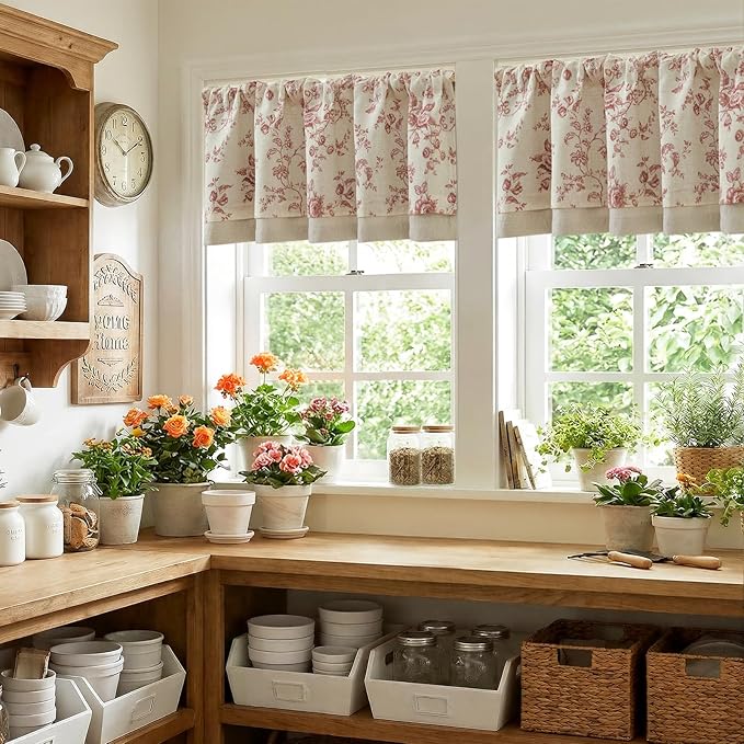 jinchan Amlie Floral Linen Valance Curtain Farmhouse Kitchen Valance for Living Room Laundry Light Filtering Double Layer Cottagecore Window Treatment Rod Pocket 1 Panel 16 Inch Maroon on Linen