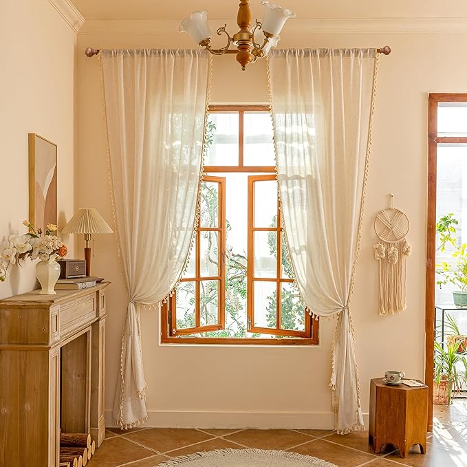 MYSKY HOME Living Room Curtains 90 Inch Length with Macrame，Semi Sheer Curtains Boho Farmhouse Decor Light Filtering Privacy Protect for Sliding Glass Patio Doorways,50" x 90",Linen，2 Panels