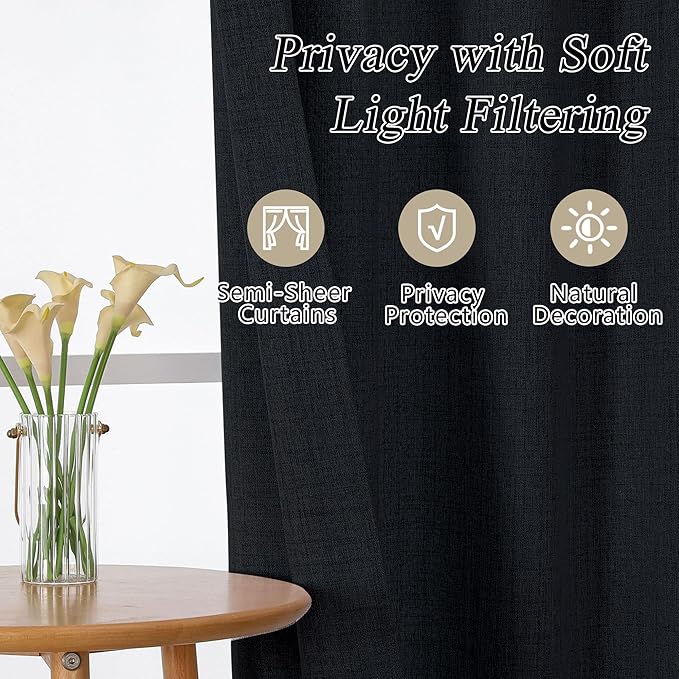 OVZME Black Valance for Windows, Light Filtering Faux Linen Textured Small Cafe Valances for Windows, Dual Rod Pocket Farmhouse Short Curtain for Bathroom Basement, 60Wx24L inch, 1 Piece