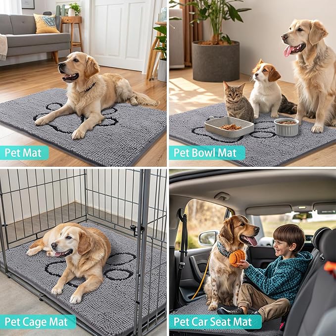 Smiry Dog Door Mat for Muddy Paws, Absorbent Dirt Trapper Non Slip Quick Dry Washable Chenille Mat for Mud Dogs, Entry Rug for Indoor and Outdoor (36x24 Inches, Grey and Black)