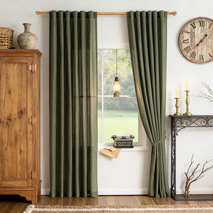 MYSKY HOME Curtains for Living Room 84 Inches Long Semi Sheer Light Filtering Privacy Drapes Linen Look Textured Boho Home Decor, Backdrop Curtain for Parties, 50" x 84", Olive Green, 2 Panels