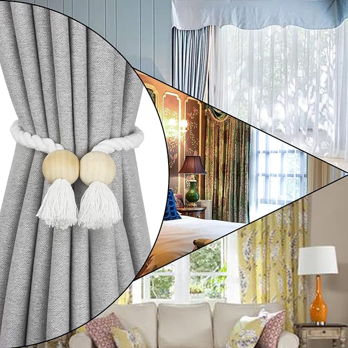 6 Pack Magnetic Curtain Tiebacks Cotton Hand Woven Tie Back Decorative Rope Holdbacks for Curtains Draperies No Tools Required, White