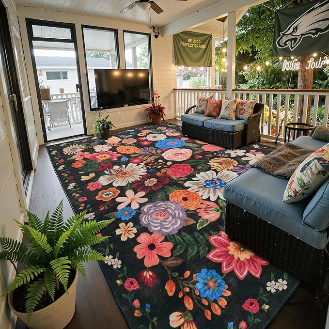 Floral Washable 6x9 Area Rugs, Soft Black/Brown Bedroom Rug for Living Room Ultra-Thin Non Slip Dining Room Rug, Stain Resistant Rugs Easy Clean Throw Carpet for Office(6 x 9, Black/Brown)