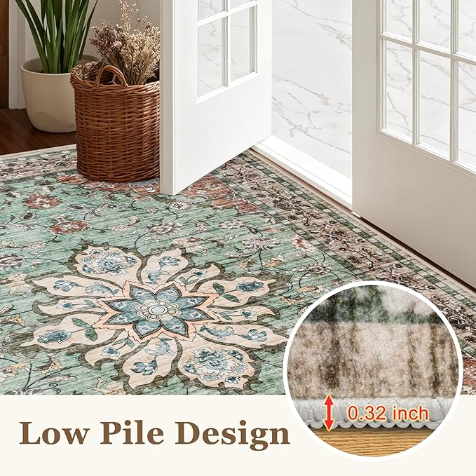 2x3 Area Rugs Living Room Rug: Washable Vintage Distressed Floral Rug No Slip Stain Resistant Soft Carpet Indoor Large Carpets for Bedroom Dining Room Farmhouse Nursery Hallway Home Office Brown Green