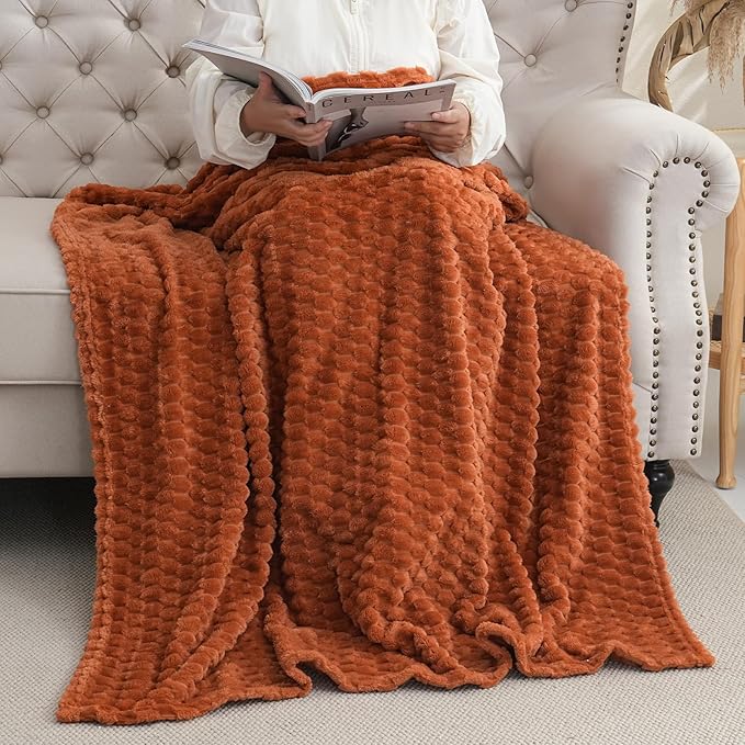 Puncuntex Burnt Orange Throw Blanket 60"×80" inches Fuzzy 3D Jacquard Decorative Flannel Fleece Super Soft Plush Cozy Blanket for Couch Sofa Chair Lightweight
