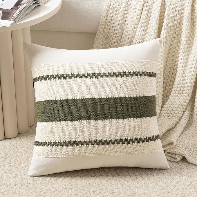 Fancy Homi Set of 1 Boho Olive Green Decorative Throw Pillow Cover 22x22 Inch for Couch Bed Sofa, Aesthetic Modern Organic Farmhouse Home Decor, Soft Cotton Cute Accent Macrame Woven Cushion Case