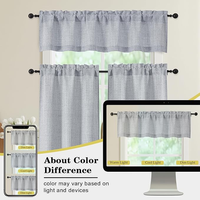 Grey Valances for Windows, Light Filtering Faux Linen Textured Small Short Valance Curtains for Bathroom Basement Farmhouse, Rod Pocket Top Half Curtains for Windows, 60Wx12L Inch