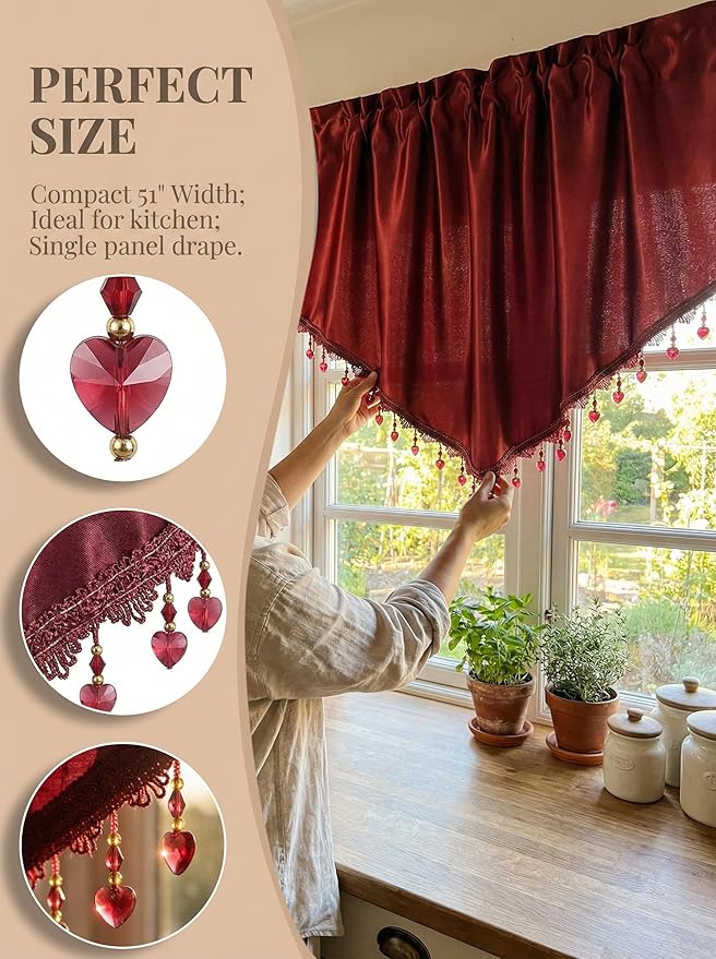 Molaxhome Swag Curtain 51 inch Length Rod Pocket Scalloped Curtain Valance Sheer Lace Panels with Hanging Crystal Beads for Kitchen Bedroom Window Treatments Drape Decor 1pc (Cloth Red, 51Wx23L)