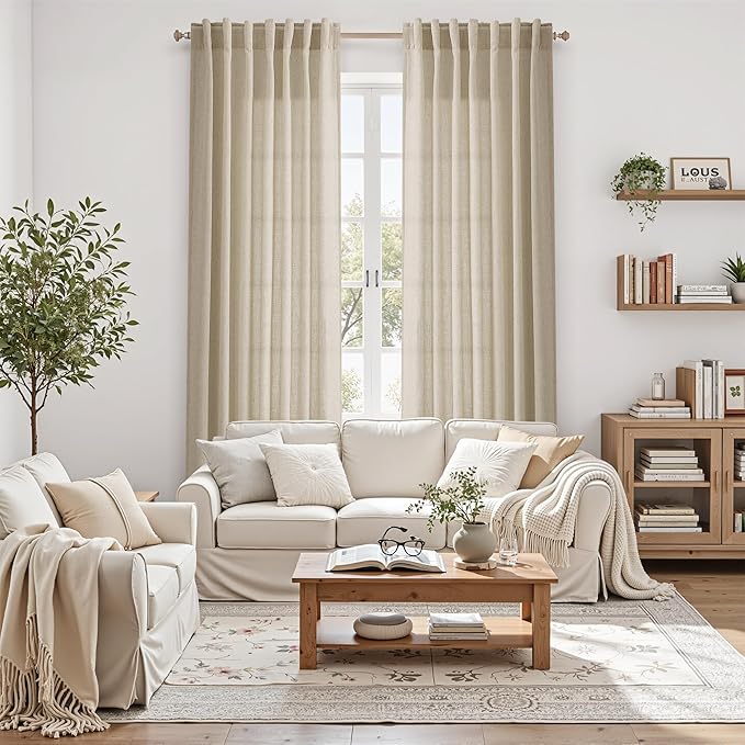 Eggshell Beige Linen Curtains for Living Room 126 Inches Long Light Filtering Semi Sheer Curtain Back Tab Rustic Farmhouse Decor Drapes Floor to Ceiling High Window for Bedroom 52x126, 2 Panels