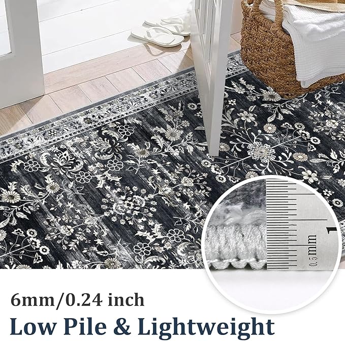 Yamaziot Washable Runner Rug 2x12 – Non Slip Boho Floral Hallway Runner Rug with Rubber Backing, Low Pile Faux Wool Distressed Carpet for Kitchen, Laundry, Bedroom, Entrance, Navy/Black