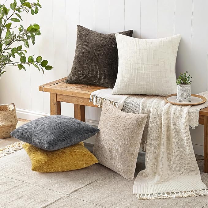 decorUhome Summer Mustard Yellow Chenille Throw Pillow Covers 20x20 Set of 2 Textured Soft Cozy Slubby Couch Pillow Covers Modern Farmhouse Boho Decorative Pillow Cases for Bed Sofa Living Room