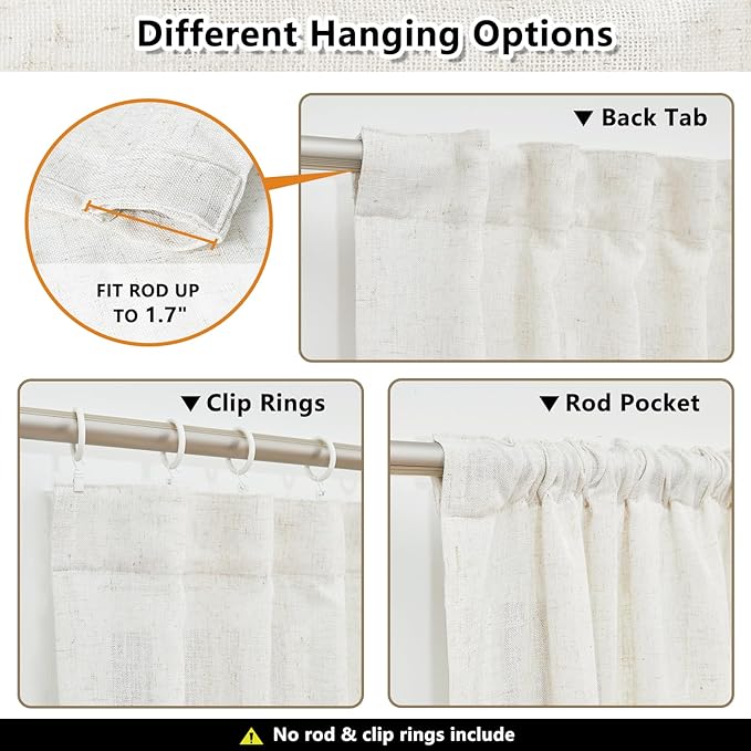 MYSKY HOME Kitchen Window Curtains Half Sheer Drapes 45 Inches Long, Boho Farmhouse Style Linen Polyester Blend Fabric, Decorative Texture for Bathroom/Closet/Cafe, 50" x 45", Linen, 2 Pieces