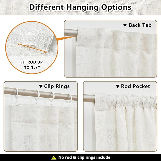 MYSKY HOME Farmhouse Kitchen Curtains 54 inches Long, Boho Curtain Panels Farmhouse Style Flax Linen Polyester Blend Texture for Home Decor, Light Soften Privacy Drapes, Linen, Pack-2